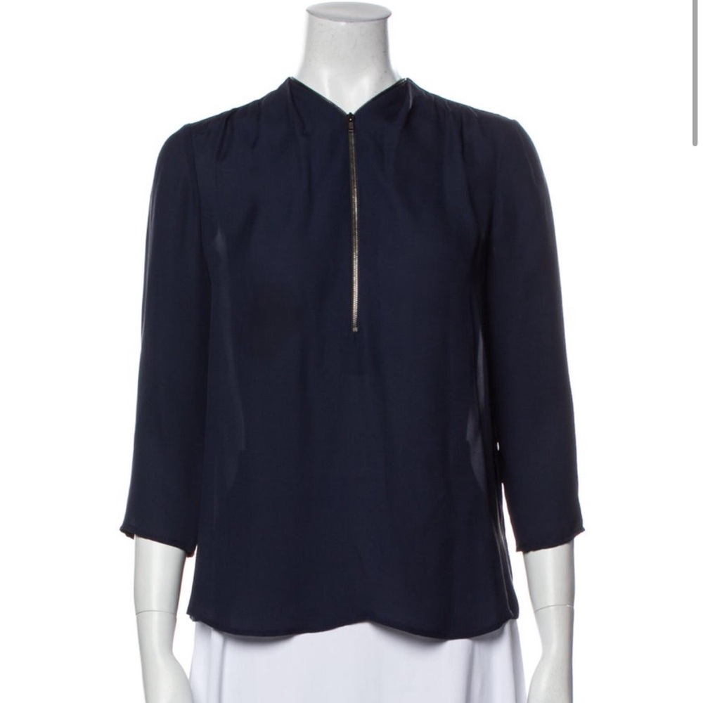 Theory Navy Silk Zip-Front V-Neck Blouse (S)